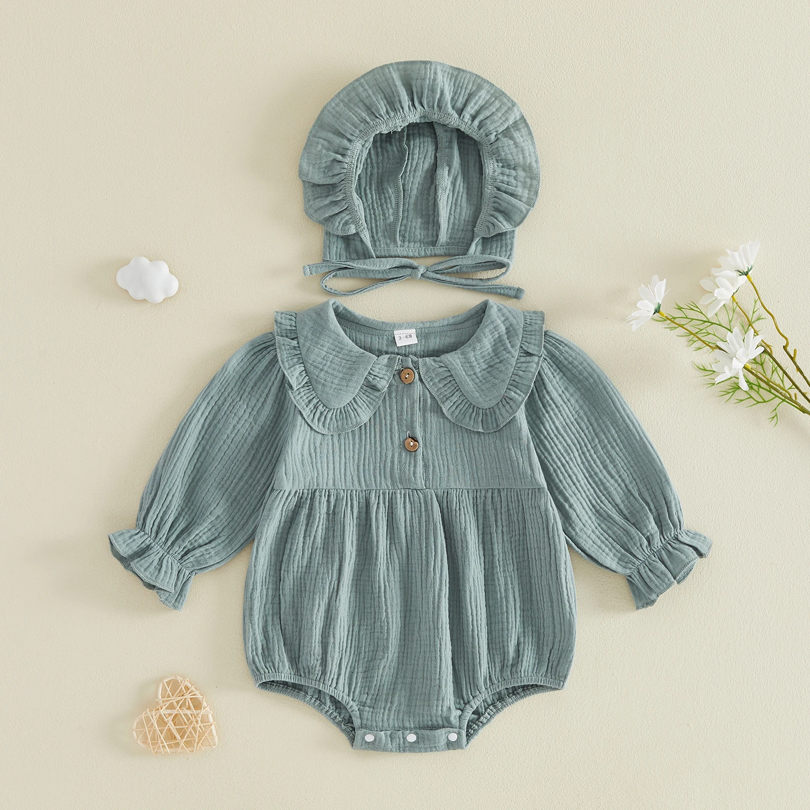 Baby Girls Long Sleeve Romper with Matching Hat Cotton Linen Solid Color Doll Collar Jumpsuit