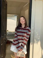 Summer Polo Shirts Woman Long Sleeve Crop Top Color Block Green Striped Print Polo Shirts Mujer Casual Tops Striped Brown Autumn