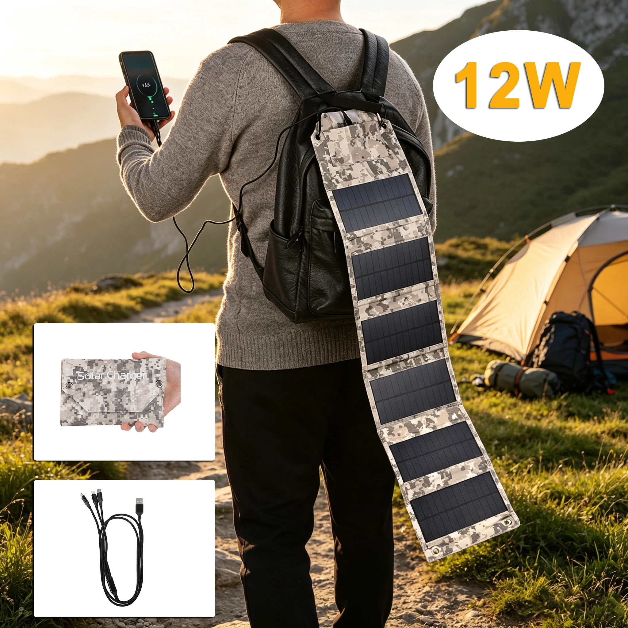 Chargeur solaire haute efficacité 12W avec double port USB-C et USB-A, panneaux solaires pliables pour le camping, la randonnée, alimentation solaire d'urgence pour iPhone, iPad, Samsung Galaxy, batterie externe, GPS, etc.