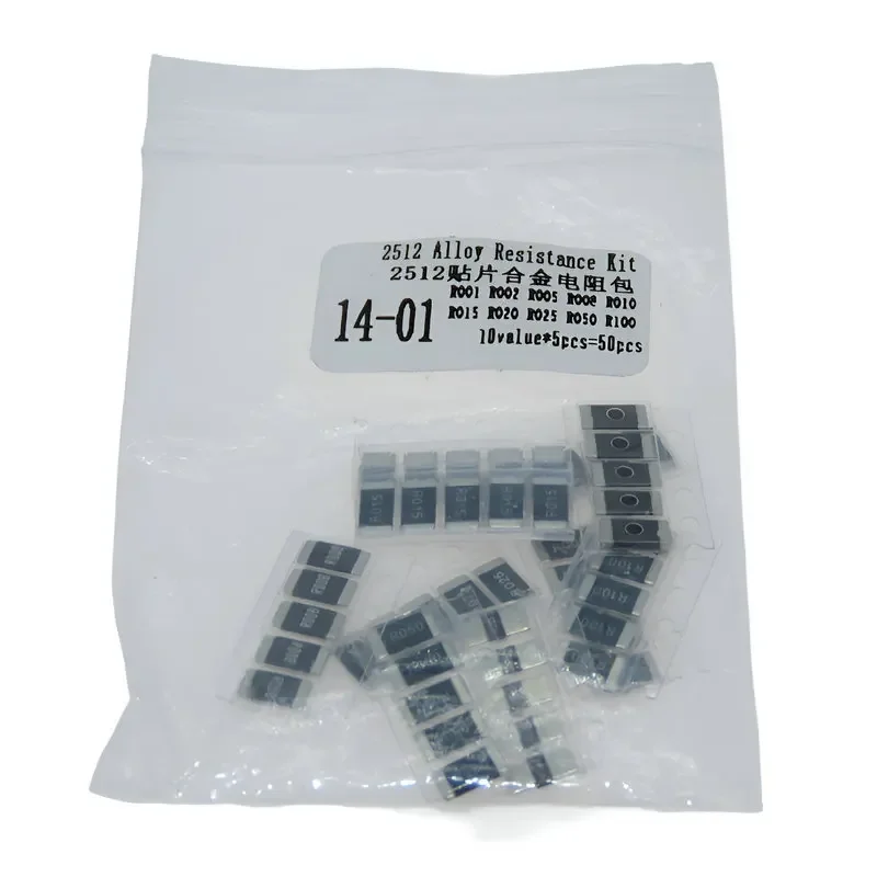 

2512 SMD resistors kit 1% High quality alloy resistance 10 value*5pcs =50pcs R001 R002 R005 R008 R010 R015 R020 R025 R050 R100