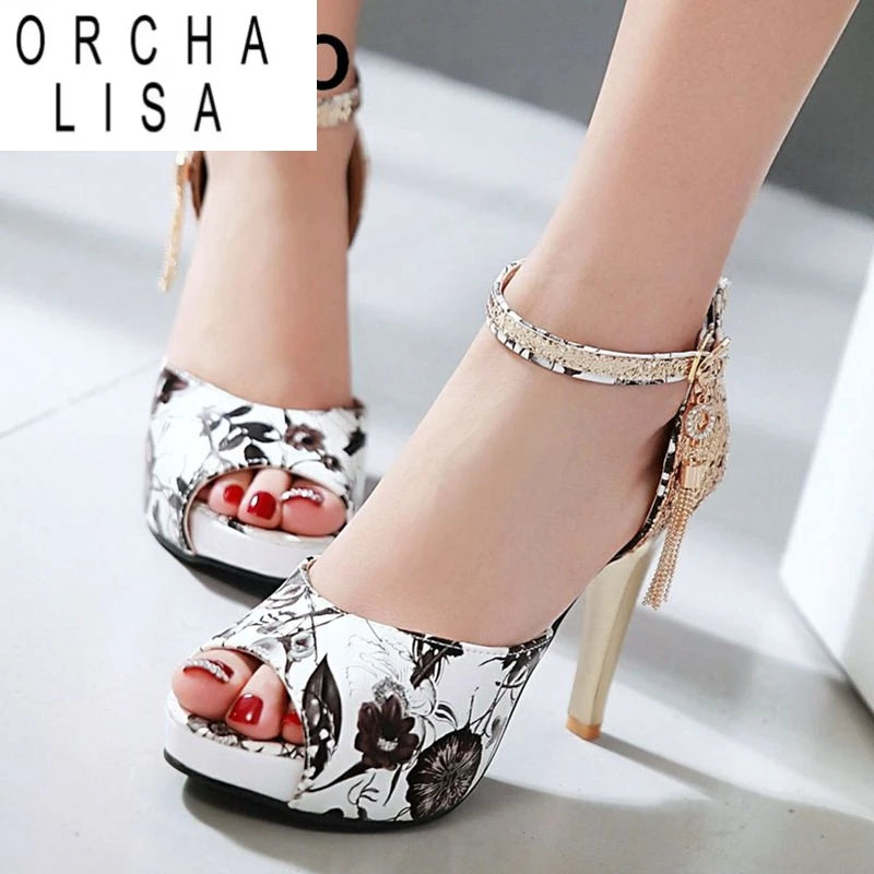 ORCHA LISA Female Sexy Sandals Peep Toe Stiletto 11cm Platform 2.5cm Buckle Strap Flower Shiny Metal Deocr 46 47 48 Mixed Color