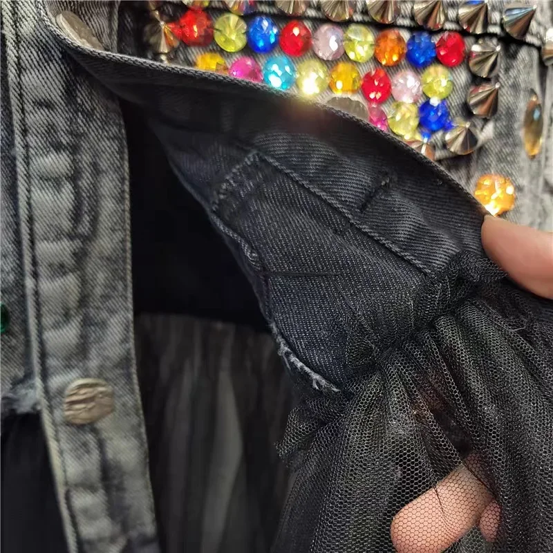 Heavy Industry Nail Bead Diamond-encrusted Splicing Mesh Yarn Cowboy Waistcoat.   Ladies' Fashionable Retro and Trendy Waistcoat