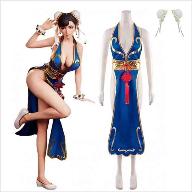 

Chun Li Cosplay Costumes Cheongsam Game Street Fighter Role Play Blue Dress And Wig Halloween Carnival Outfit For Women Girls