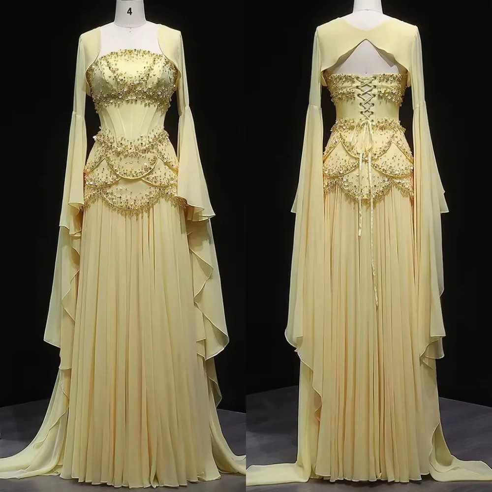 

Классическое желтое шифоновое вечернее платье по индивидуальному заказу, современное платье с квадратным воротником и длинными рукавами, на шнуровке сзади, с бисером, платья для особых случаев