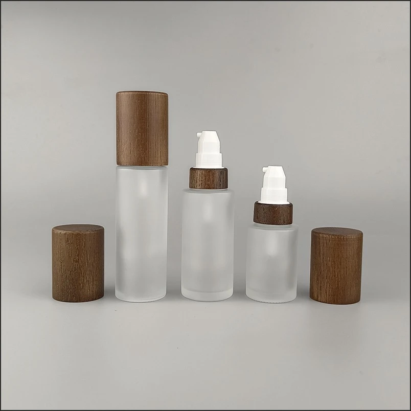 Parfumflesje Glas Bamboe Deksel Leeg 30 ml-120 ml Frosted Lotion Pomp Dispenser Hervulbare Emulsie Cosmetische Spray fles Reizen