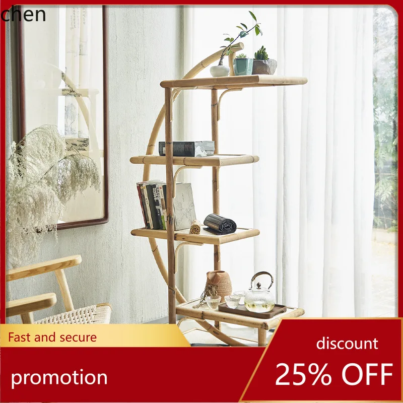 CZ Modern Minimalist Real Rattan Multi-layer Bookshelf Living Room Storage Moon Shelf Ins Rattan Decorative Shelf