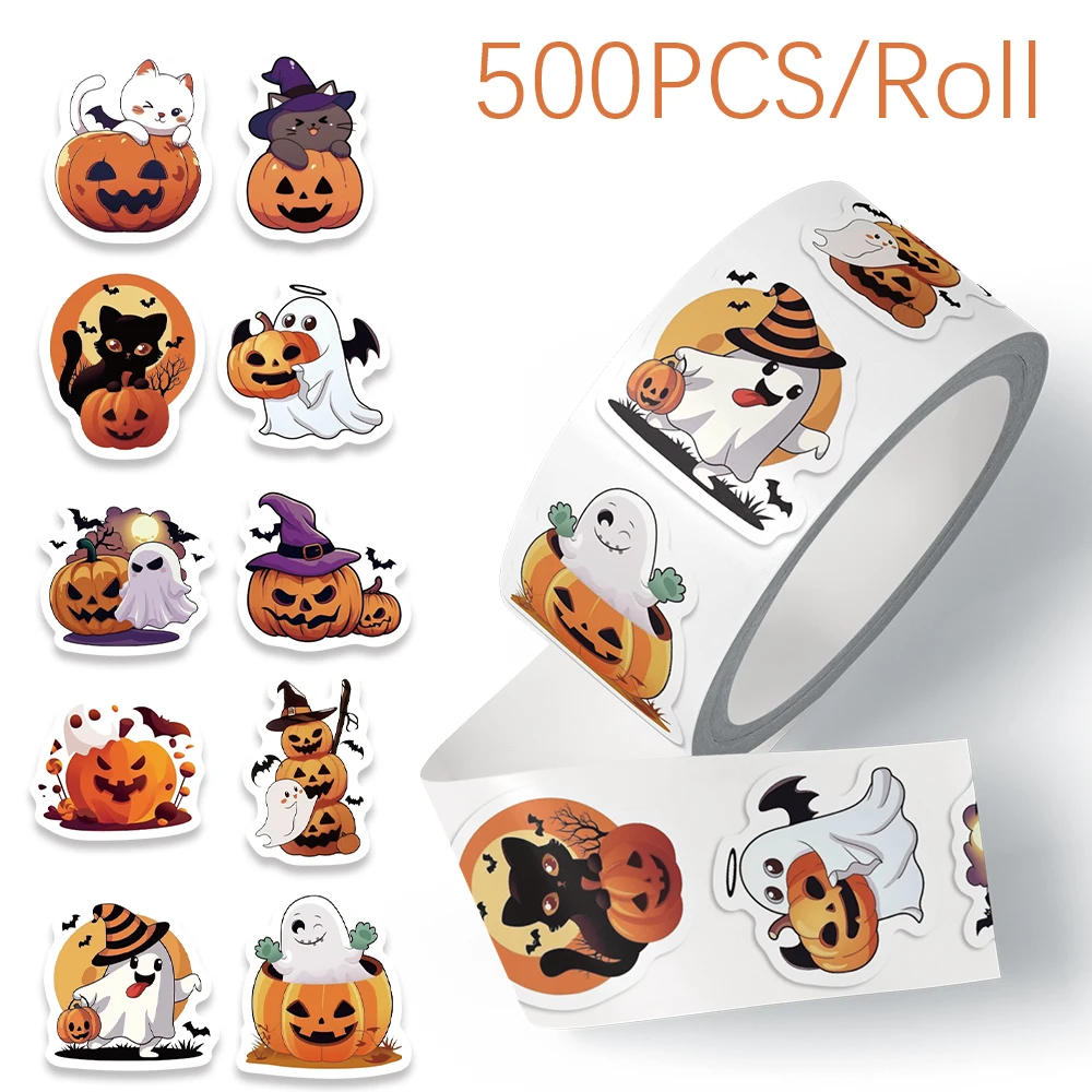 500Pcs/Roll Halloween Pumpkin Cat Ghost Witch Stickers for Journaling Laptop Envelope Scrapbook Car Motorcycle Reward Gift Decal
