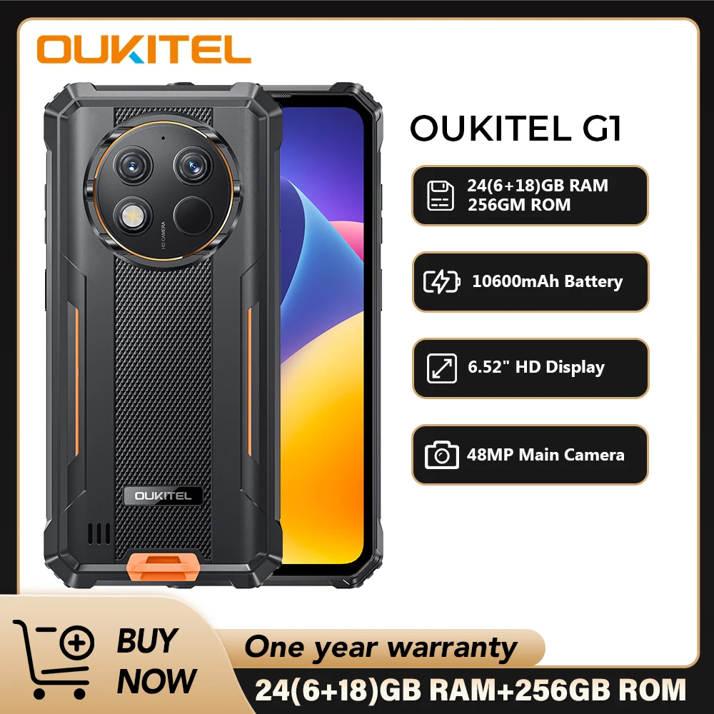 Oukitel G1 견고한 스마트폰, 안드로이드 6.52 인치, 10600mAh, 24GB + 256GB, 안드로이드 14, 48MP HD + 카메라 휴대폰 