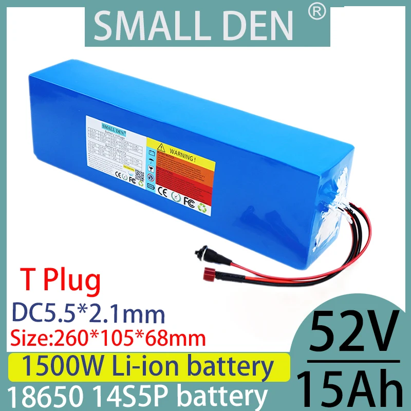 New 52V 15Ah lithium-ion battery 14S5P high-power BMS 1500W motorcycle battery bicycle electric skateboard+58.8V 2A 3A charger