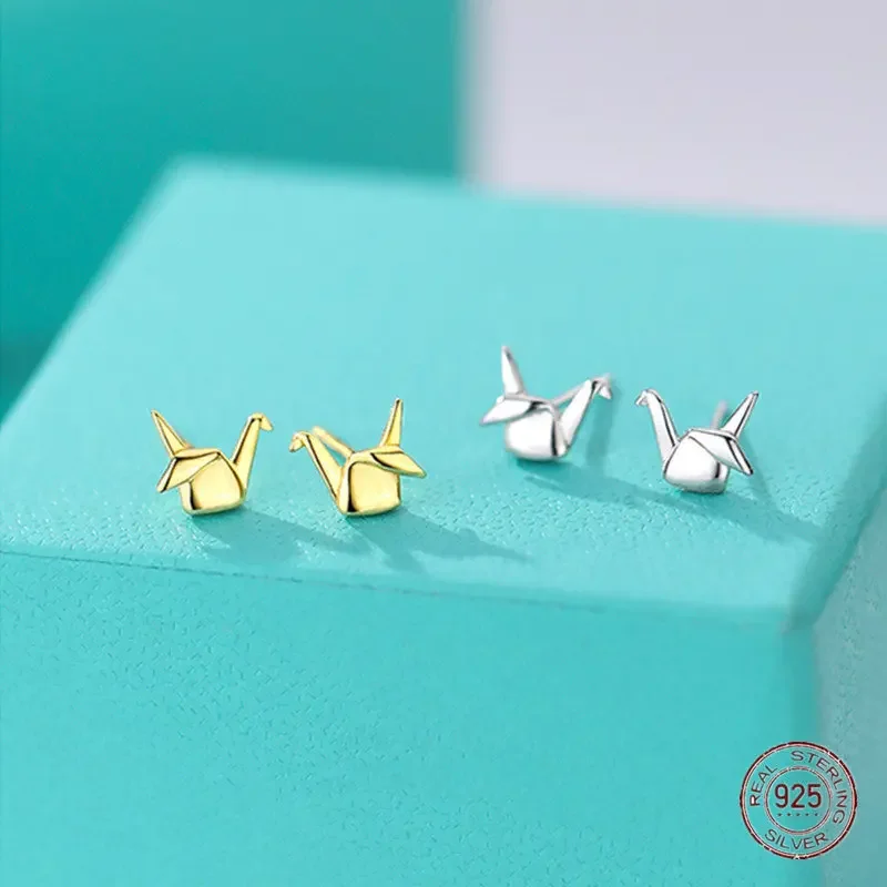 925 srebro papierowy żuraw stadniny kolczyki dla kobiet śliczne Mini kolczyk do piercingu romantyczny 14k złota biżuteria na prezent