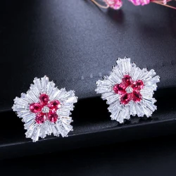 CWWZircons Korean New Fashion Brand Jewelry Rose Red Cubic Zirconia Crystal Flower Christmas Earrings Presents for Women CZ179