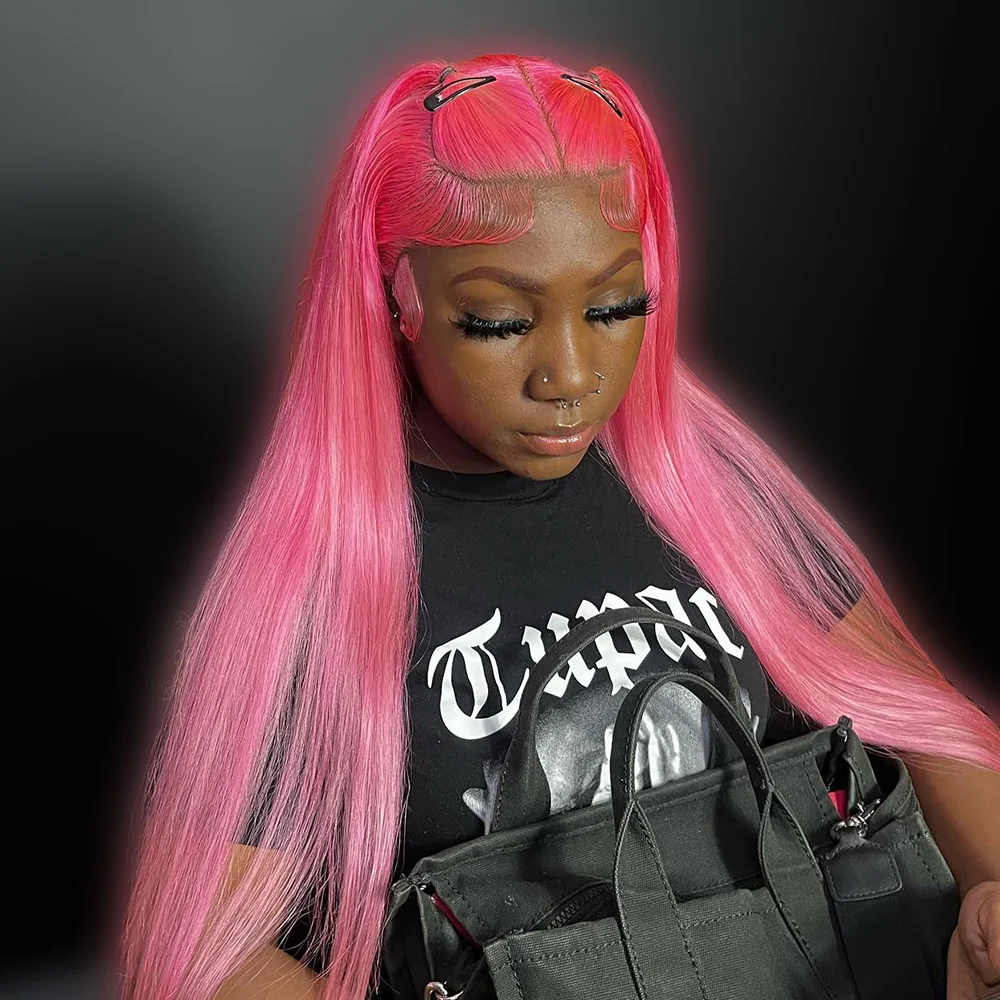 

13x6 Straight Pink Colored Human Hair Wigs Transparent Lace Front Wig 100% Human Hair Wigs For Women Pre-Plucking 250 Density