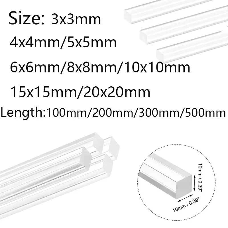 

10pcs~1pcs Transparents Square Acrylic Stick Plexiglassy Bar DIY Tools Rod Holder Stand Custom cut Length 100~500mm