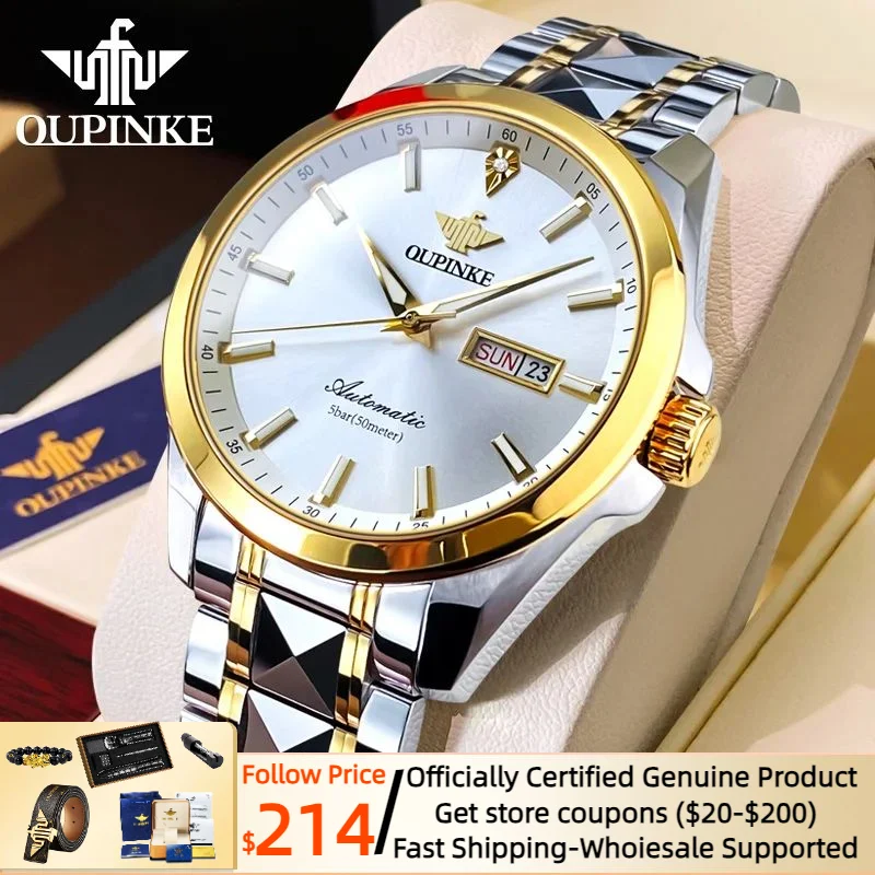 OUPINKE Original Men's Wristwatch Gold Diamond Tungsten steel Sapphire Imported Mechanical Movement Top Luminous Watch for Men