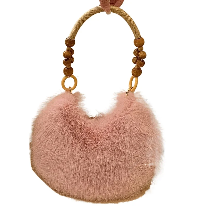 

Faux Fur Half Moon Hobos Shoulder Bag Designer Ladies Beaded Handle Soft Warm Fluffy Plush Handbag Winter Bolsa Feminina
