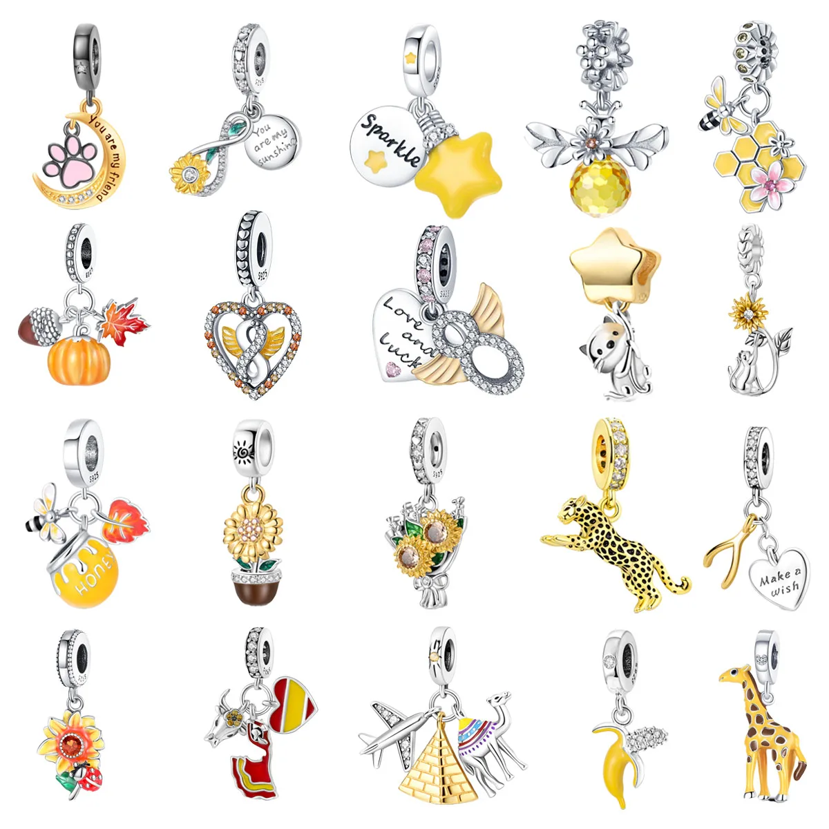 

Original 925 Charms Sterling Silver Yellow Sunflower Star Bee Moon Giraffe Pendant for Pandora DIY Bracelet Ladies Jewelry Gift