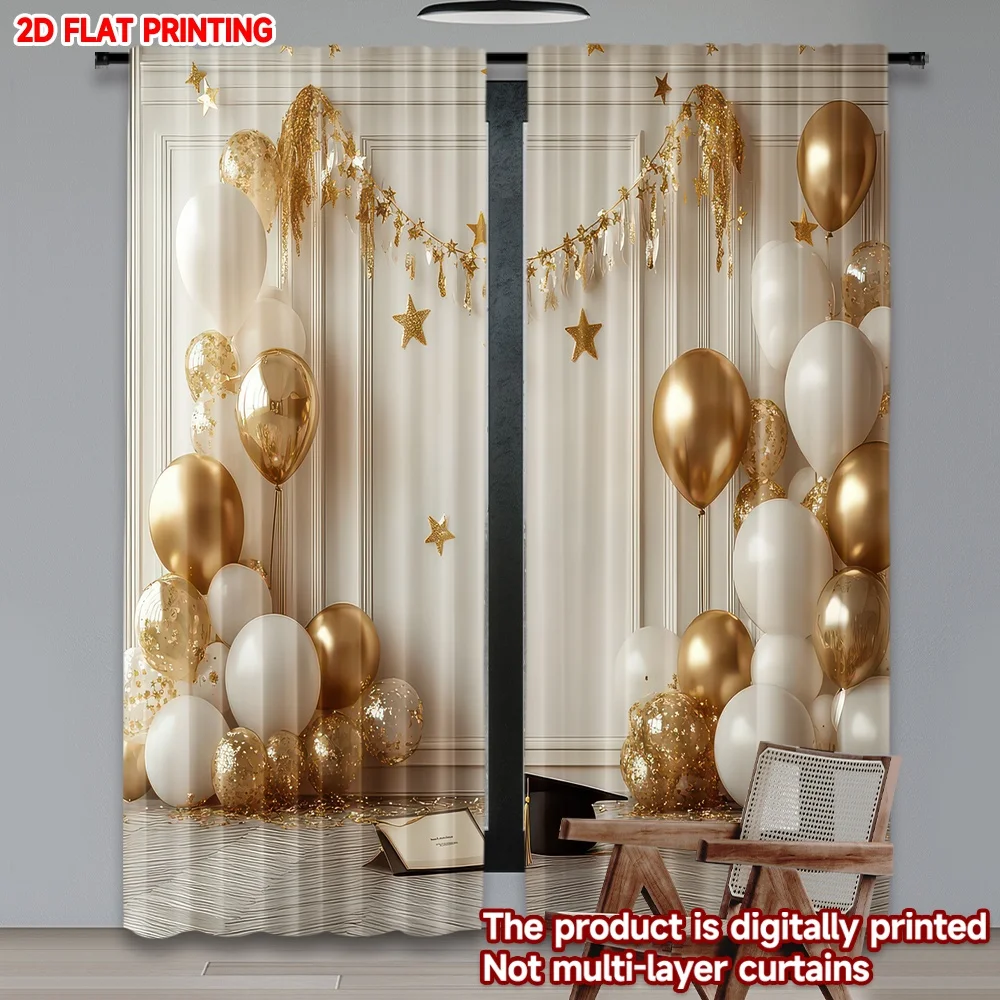 

2D flat printing 2pcs Window Curtains Graduation Celebration Balloons Digital Printed Polyester Drapes Family Party Perfect for
