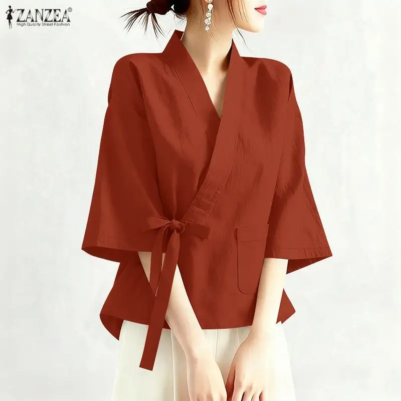 ZANZEA 2026 Blusa de Verano con Cuello Cruzado en V y Manga Media para Mujer, Camisa Kimono Japonesa Coreana de Moda, Túnica de Trabajo Sólida con Cordones para Mujer