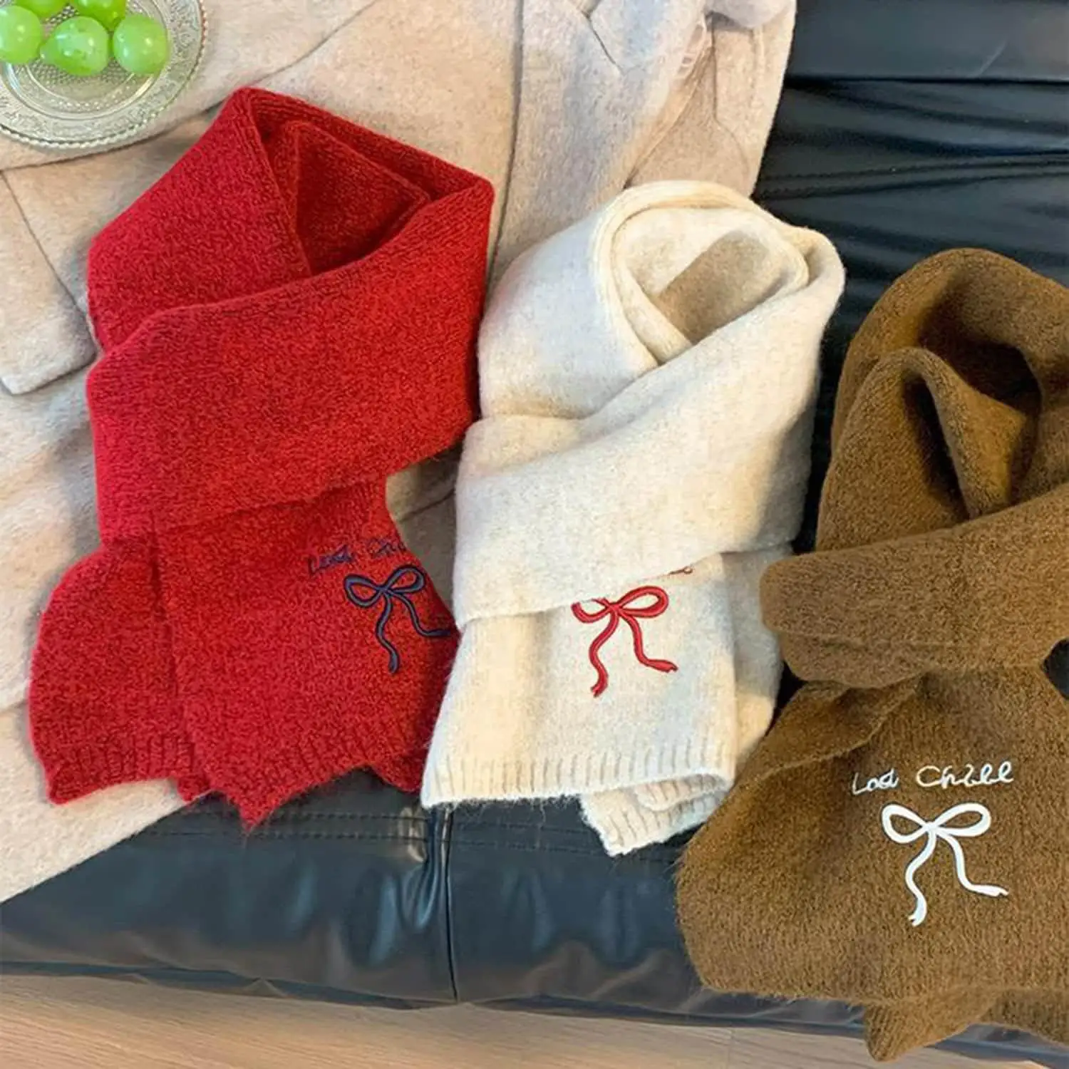 

24*152CM Shawl Scarf Korean Style Bow Embroidery Fashion Accessories Wool Knit Winter Warm Chic For Women Girls