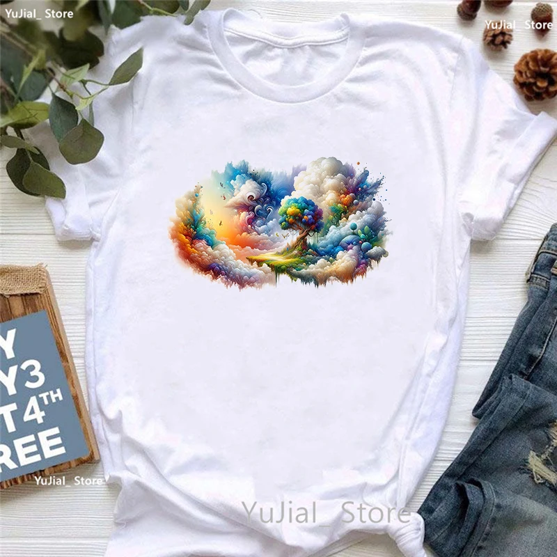 Rainbow Dreamscape Trees Birds Printed T Shirt Girls Summer Fashion Short Sleeve Tshirt Women Harajuku Shirt Casual T-Shirt