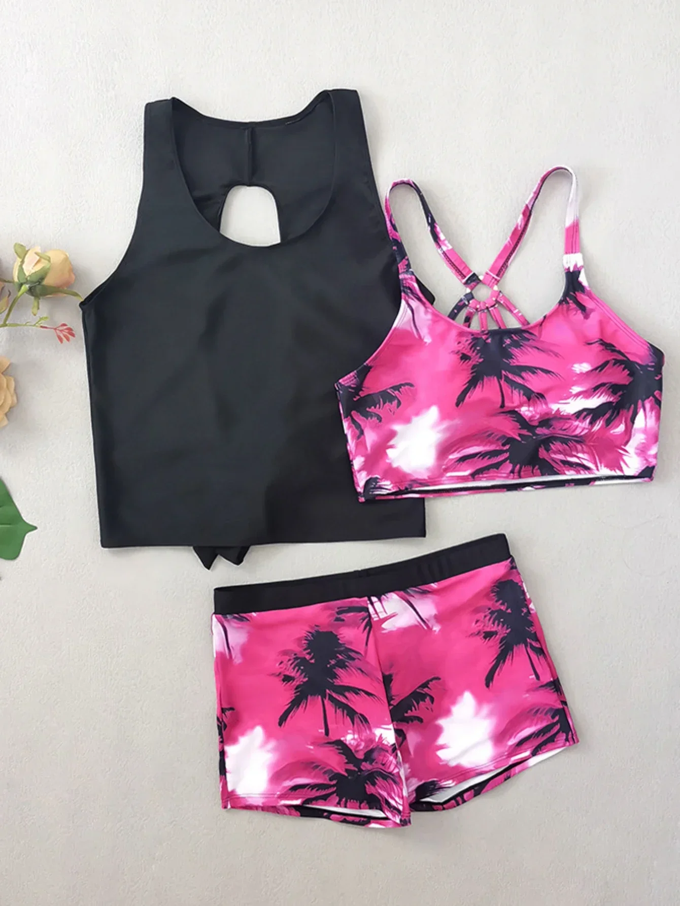 Kokosnootprint bikiniset 2025 Nieuw dames 3-delig badpak Hoge taille Tankini Strandvakantie Badmode Rugloos badpak