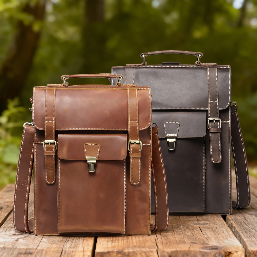 

Vintage Men's Genuine Leather Backpack Crazy Horse Leather Travel Bag for Multi-Function Use Dual Shoulder Strap with Top Handle
