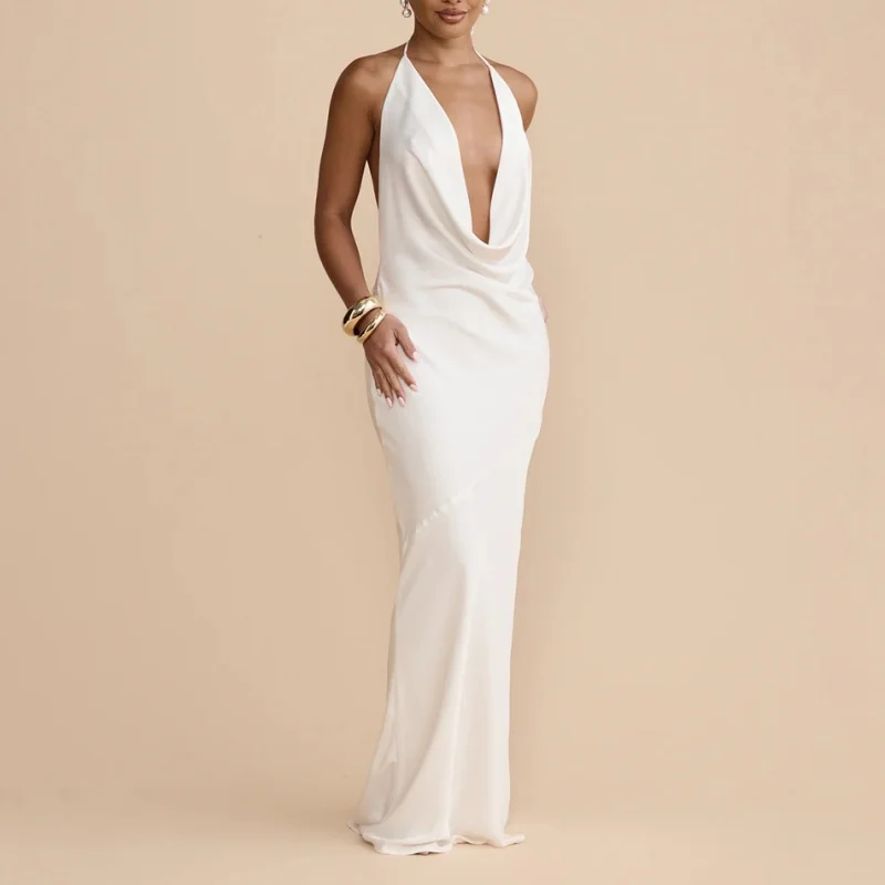 

Элегантное атласное вечернее платье с открытой спиной, сексуальное, с воротником-стойкой, облегающее, однотонное, для вечеринок, модное, для девушек