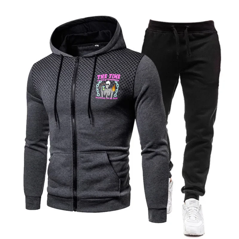 Men's Jacket Set Black Red White Blue Gray Printed This Time I'm Ready Pattern Zip-Up Hoodie for Casual Outdoor Sports Wear