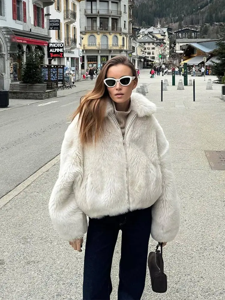 

Autumn Winter Warm Zipper Lapel Pocket Faux Fox Fur Coat Long Sleeved Fluffy Loose Women's Jacket 2024 New Lady Thick Outerwear