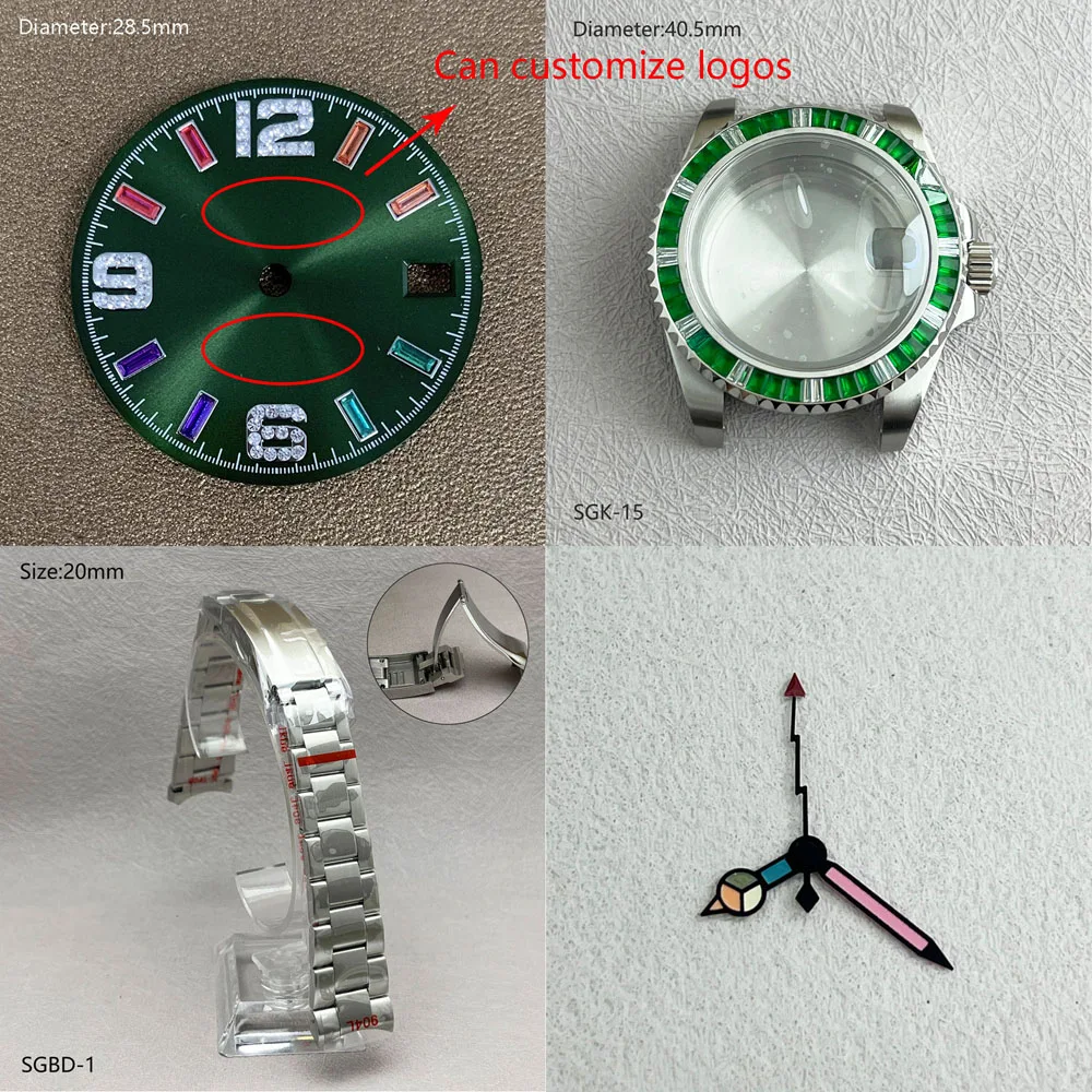 Quadrante NH35 da 28,5 mm verde blu diamante artificiale quadrante arabo Lancette arcobaleno per orologi con movimento automatico NH35 logo personalizzato