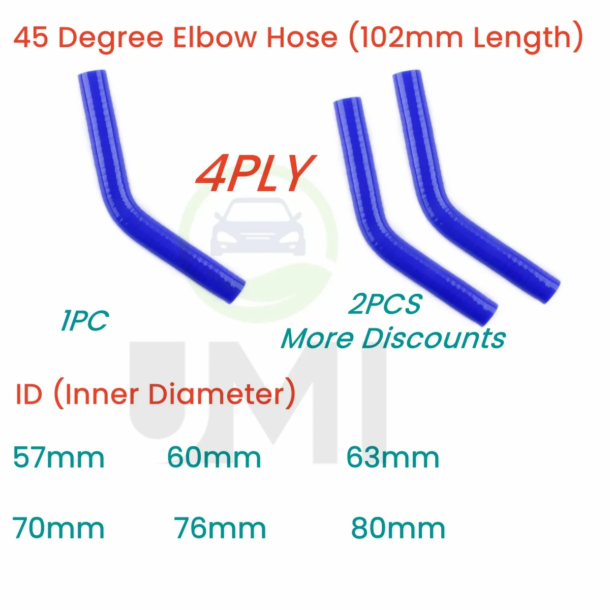 Blue 45° 45 degree Elbow Hose Silicone Coolant Intercooler Pipe Tube ID 57mm 60mm 63mm 70mm 76mm 80mm 1PC or 2PCS 4PLY