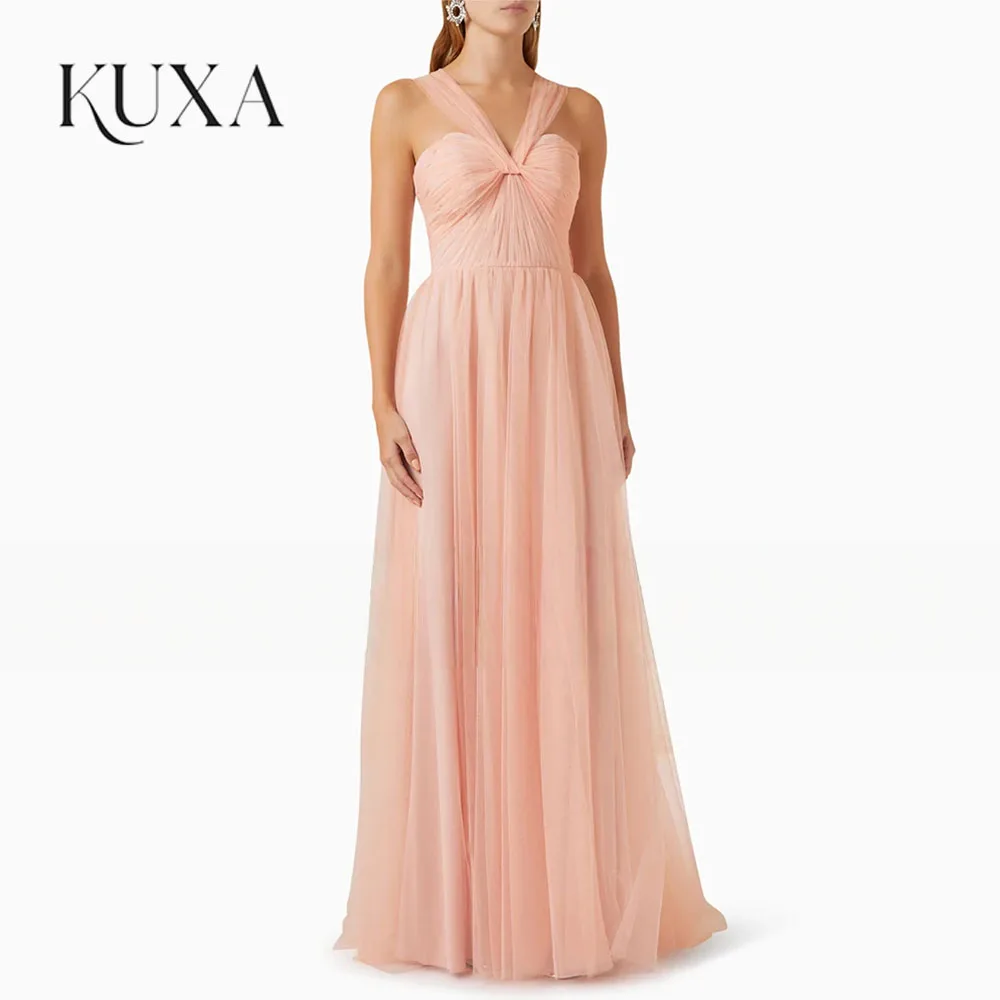 KUXA Customized Elegant Prom Dress Pale Pink Tulle A Line Women's Prom Gowns Long Sweetheart Sleeveless Boho Formal Evening Gown