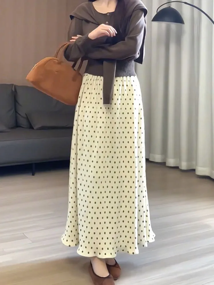 

Новая коллекция: Нежная бежевая юбка в горошек с драпировкой в корейском стиле, длинная, для офиса, больших размеров, весна-лето