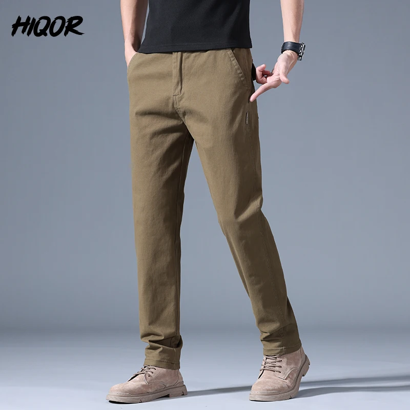 Hiqor calças casuais masculinas verde militar primavera outono nova moda versátil respirável calças largas retas masculino tamanho grande 28-40