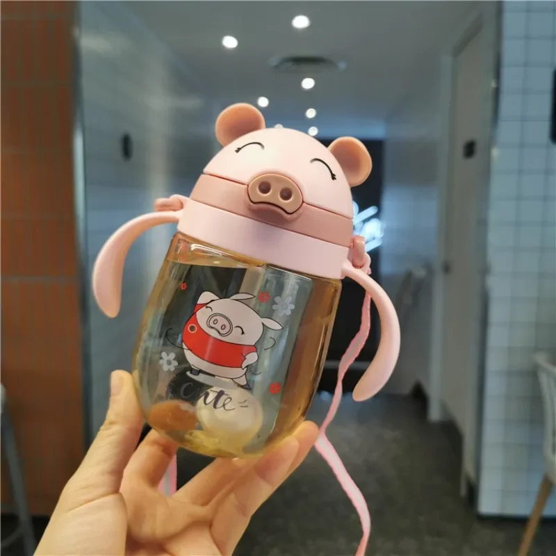 New cute piggy shape straw cup infant handle gravity ball drinking cup student plastic strap water bottle