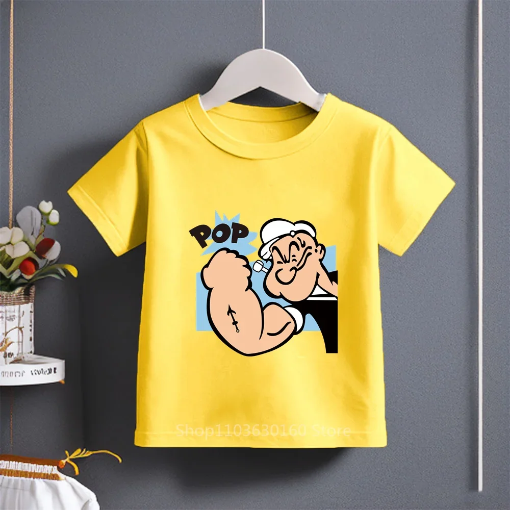 Summer New Cotton Casual Cute Kids Short Sleeve T-shirt Boys Girls Ages 3-14 Popeye Cartoon Print Fashion Tee