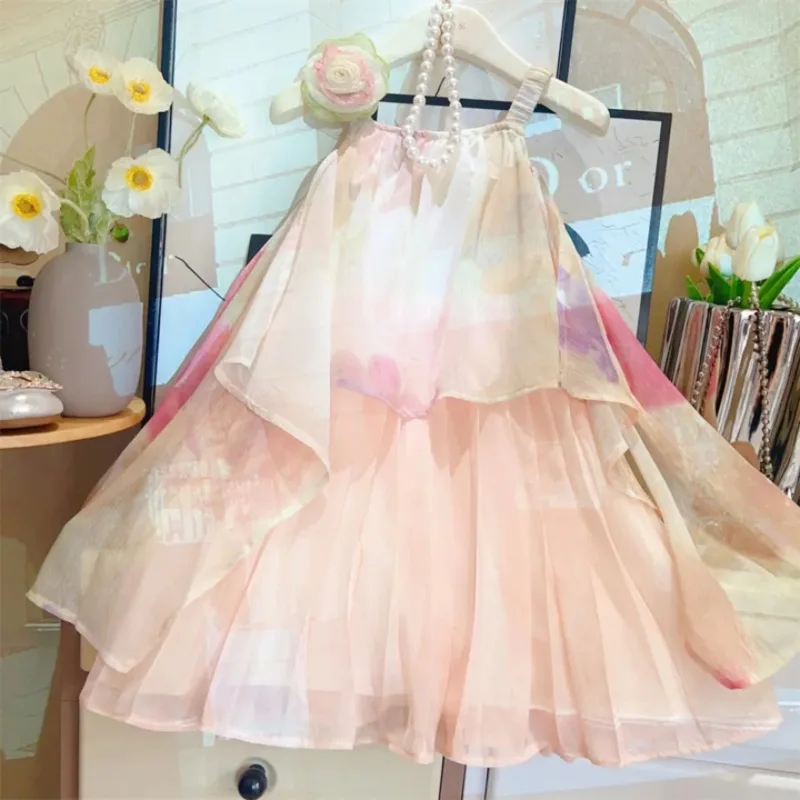 

New Summer Girls' Long Dress with Tie-Dye Print, Loose Chiffon Strap Dress, Stylish Beach Dress, Strap Dress