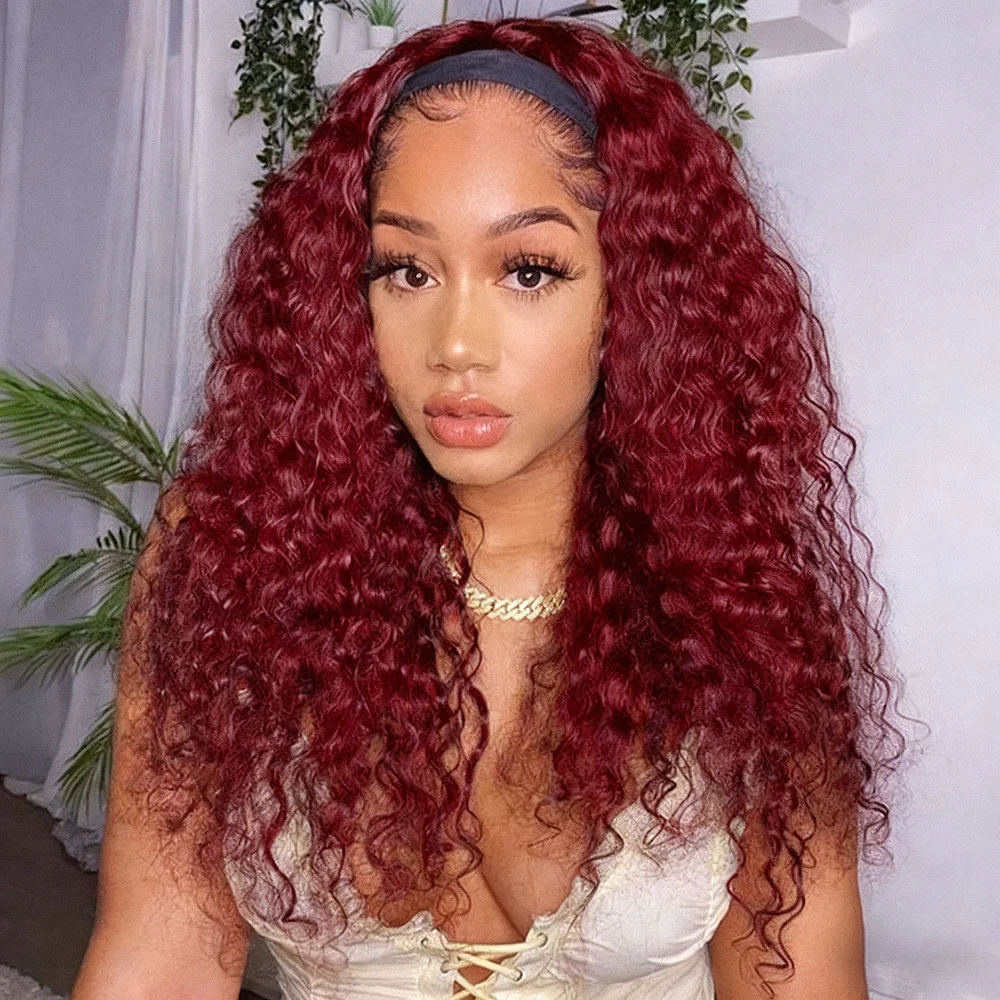 

Water Wave Headband Wig Human Hair Curly Wigs For Women 100% Real Hair Wigs 200 Density Full Machine Made Wigs 99J Burgundy Hair