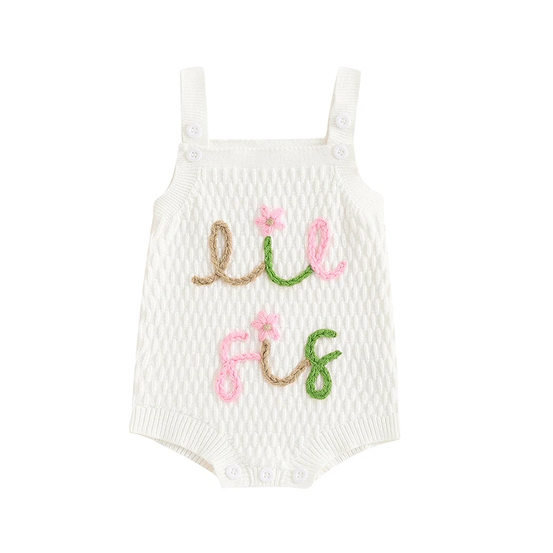 

Baby Girl Knit Overalls Letter Flower Embroidery Square Neck Sleeveless Romper Toddler Jumpsuit