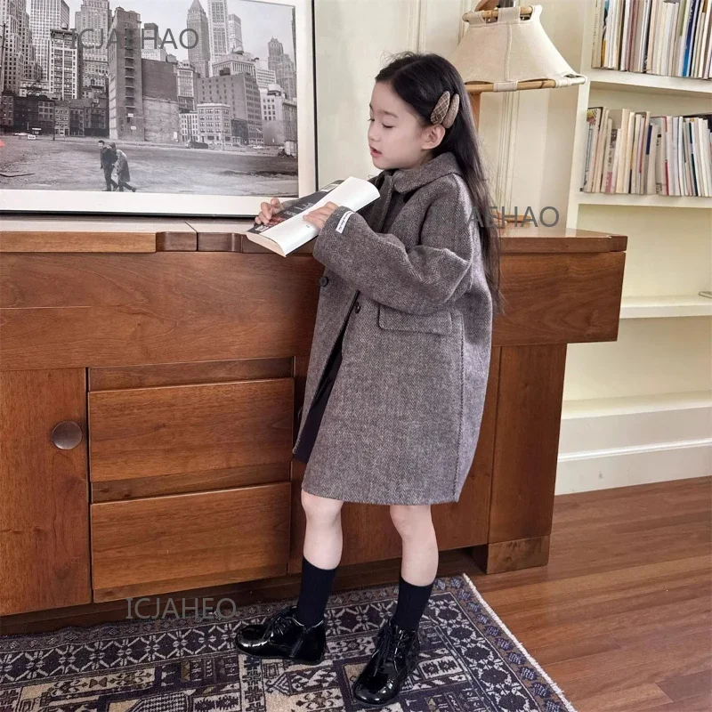 

Teen Girl Clothes 2025 Children Wool Double Outerwear Matching Kids Costumes Faced Girls Double Breasted Coats Handmade Winter