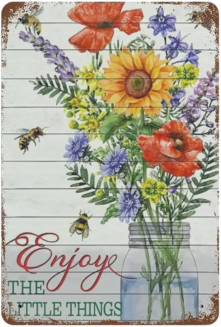 Enjoy The Little Things Bees and Mixed Flowers Floral Plant Antique Creative Tin Sign Vintage Wall Decor for Home Bathroom Garde