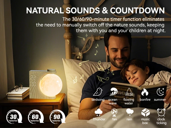 Moon Lamp Night Light Sunrise Alarm Clock Wake Up Light with White Noise Sound Machine, Dual Alarms for Heavy Sleepers, 10 RGB Night Light & Sleep Timer, Wood Grain Desk Clock for Bedroom