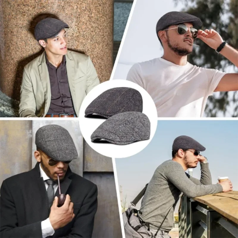 Men Retro Beret British Hats Wool Blend Vintage Herringbone Tweed Men Casual Fashion Hat Flat Keep Warm Caps Gifts