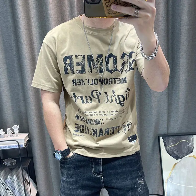 Fashion O-Neck Short Sleeve Printed Letter T-Shirt Men\'s Clothing 2023 Summer New Oversized Casual Pullovers Korean Tee Shirt