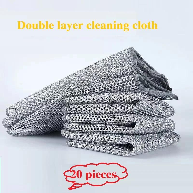 20/5pcs Thickened Steel Wire Cleaning Cloth Non-Scratch Double-layer Iron Microfiber Mesh Dishrag Washing Pot Rags Kitchen Towel