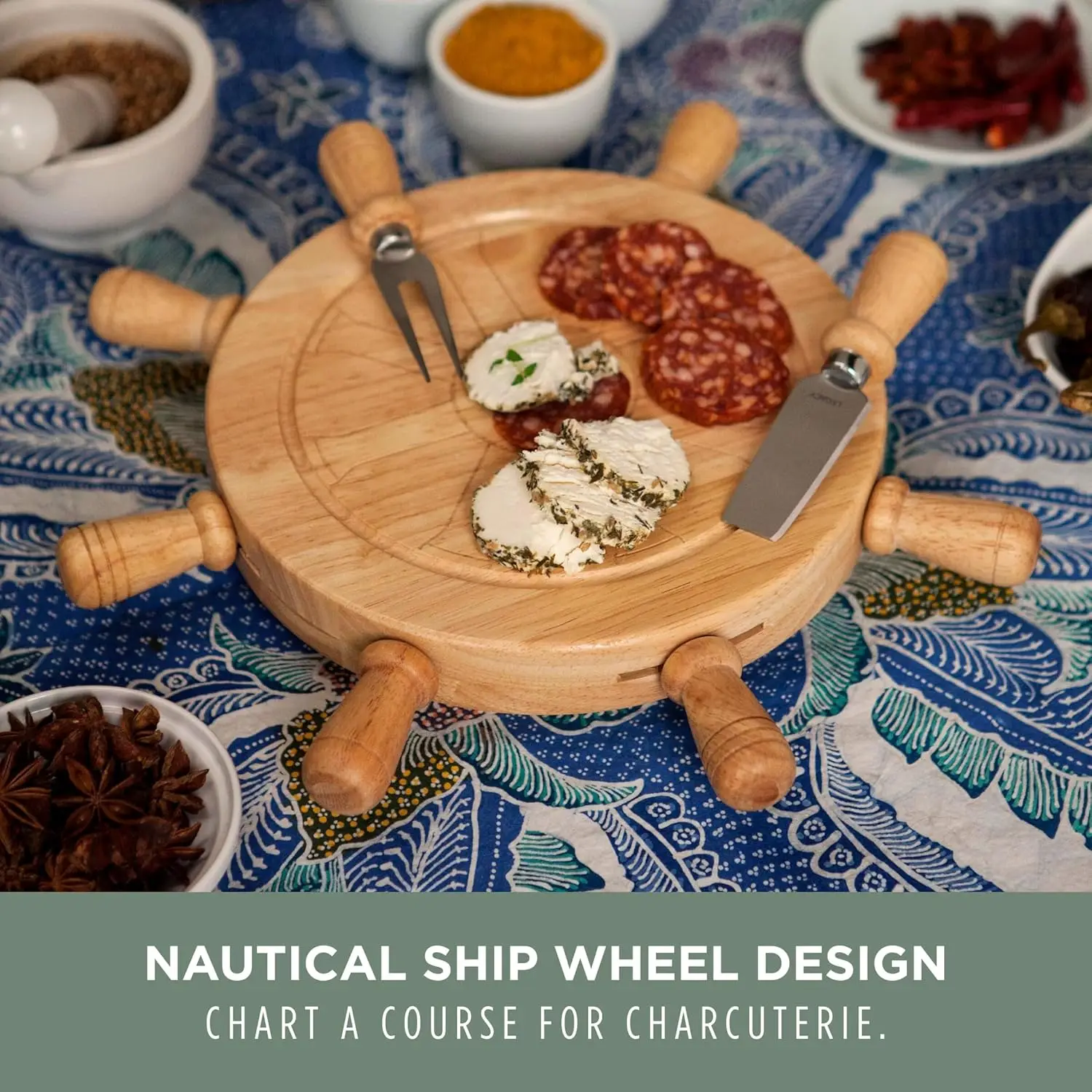 Conjunto de tábua de queijo e faca Mariner com ferramentas de aço inoxidável em caixa de leme, prato de servir aberto giratório, conjunto de charcutaria