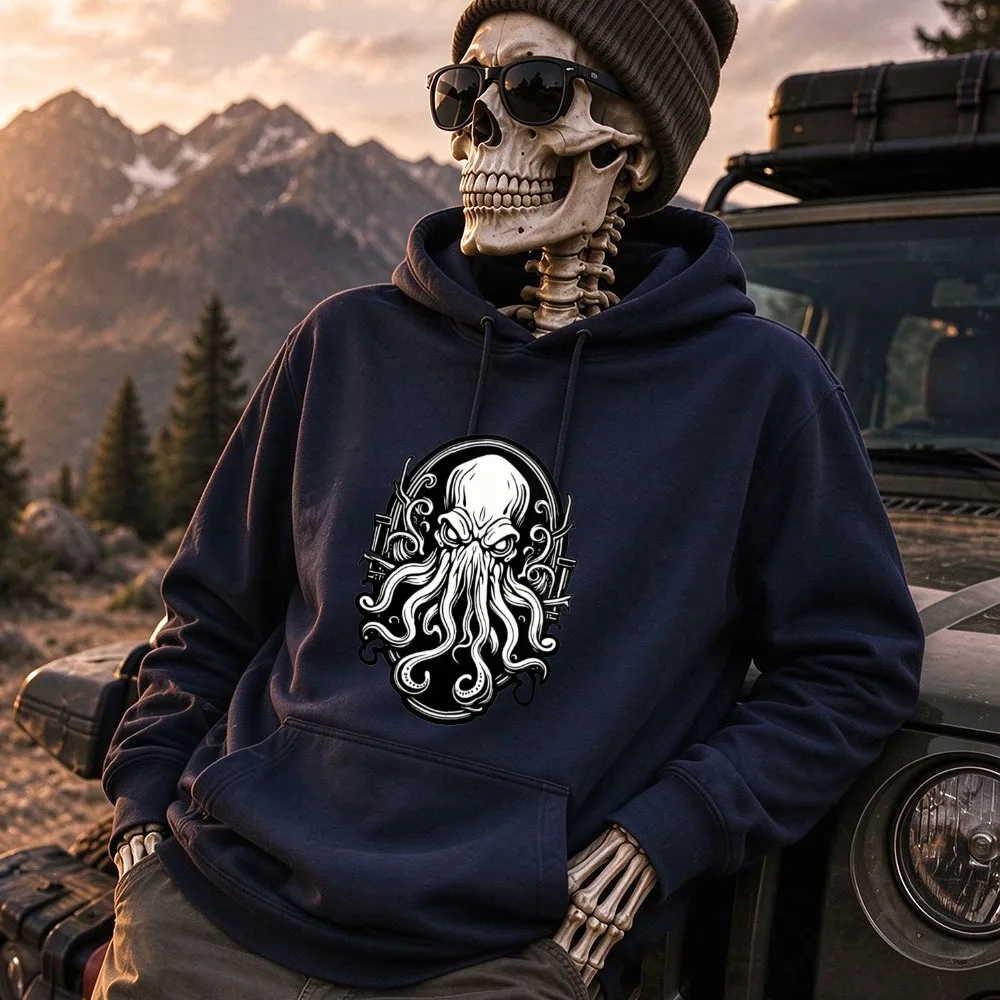 Black White Vintage Frame Cthulhu Octopus Graphic Hooded Sweatshirt Lovecraft Horror Myth Gothic Dark Art Streetwear Pullover