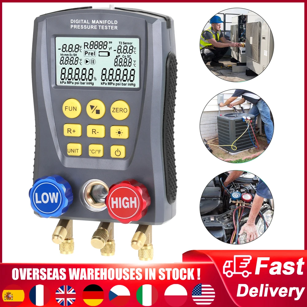 Digital Pressure Gauge 0-6000Kpa Refrigeration Vacuum Pressure Manifold Meter HVAC Temperature Tester Valves Maintenance Tool