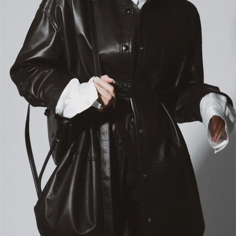 Lace-up leather women's outerwear light luxury style fashionable and versatile short