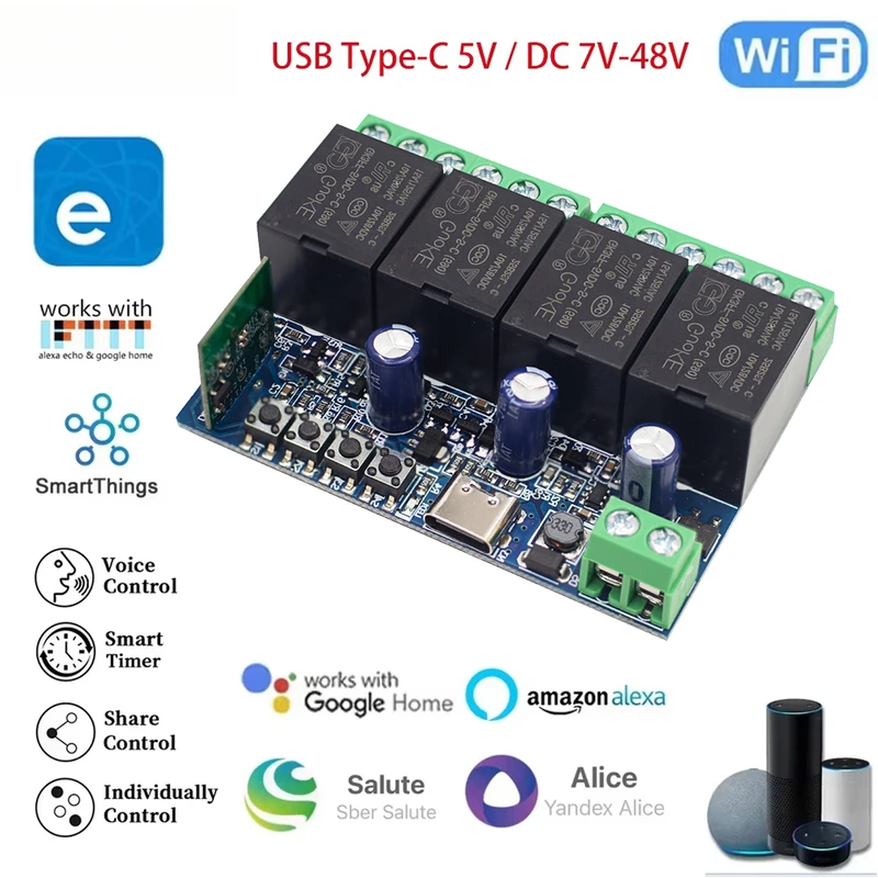 Smart WiFi 4CH Switch 5V 12V 24V 48V Relay Module Wireless Phone Remote Control Timer For EWeLink Google Home Automation